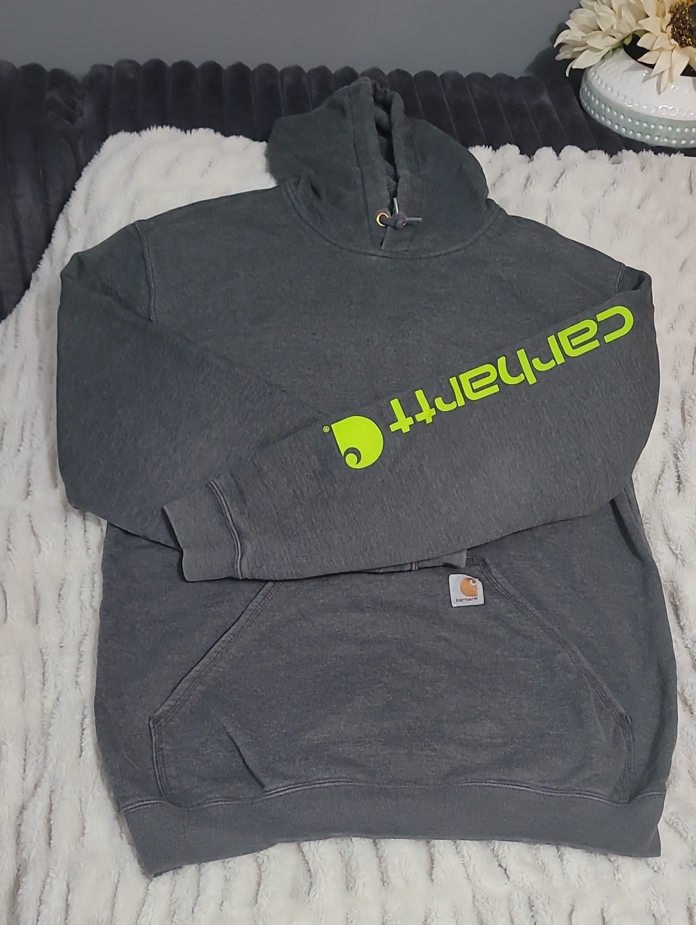 Carhartt Men’s Charcoal Hoodie with Neon Green Sleeve Logo